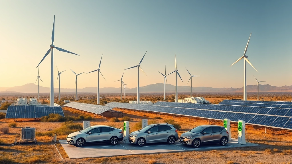 Wind turbines and solar panels powering an electric vehicle charging hub with multiple vehicles charging simultaneously, expansive landscape, clean energy infrastructure, photorealistic