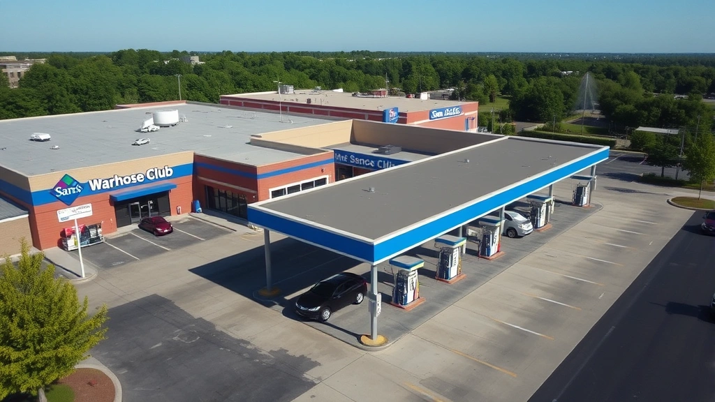 Aerial view of Sam's Club warehouse club fuel station with rows of pumps, vehicles refueling, trees visible in background, natural daylight, photorealistic environmental perspective