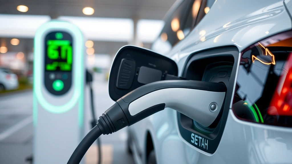 Close-up of modern electric vehicle charging at public charging station with green energy indicator lights, sustainable infrastructure, clean modern design, no visible text or labels