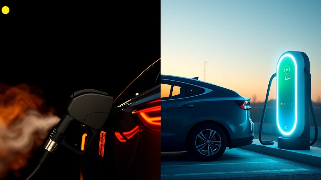Split-screen comparison: left side shows traditional gas-powered car at fuel pump emitting visible exhaust, right side shows electric vehicle at charging station with clean energy symbol, photorealistic environmental impact visualization