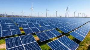 Aerial view of solar panel farm with wind turbines in background, representing renewable energy alternatives to fossil fuels, bright daylight, photorealistic