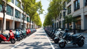 Modern urban street with multiple colorful electric scooters parked in designated areas, surrounded by green trees and bike lanes, sunny day, realistic photography