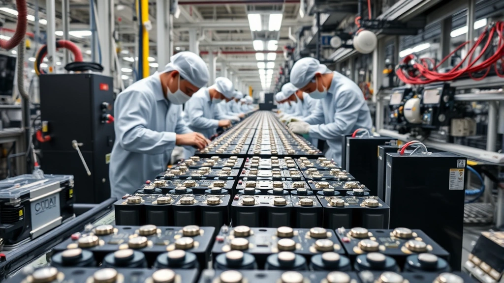 Close-up of lithium-ion battery cell manufacturing facility with workers assembling components, industrial equipment, clean manufacturing environment, no visible text or labels