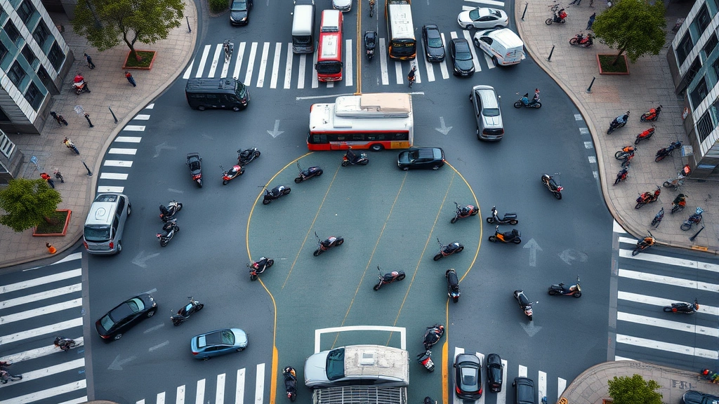Aerial view of city intersection showing traffic congestion with cars, buses, and cyclists, with dedicated scooter lanes visible, demonstrating urban mobility challenges