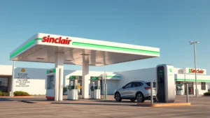 Photorealistic image of modern Sinclair gas station with integrated electric vehicle charging stations prominently displayed, clean daylight, contemporary architecture, showing both traditional pump island and sleek EV chargers side by side, professional futuristic aesthetic