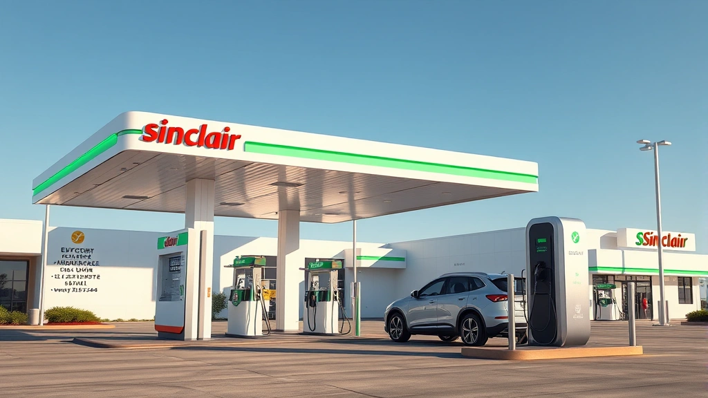 Photorealistic image of modern Sinclair gas station with integrated electric vehicle charging stations prominently displayed, clean daylight, contemporary architecture, showing both traditional pump island and sleek EV chargers side by side, professional futuristic aesthetic