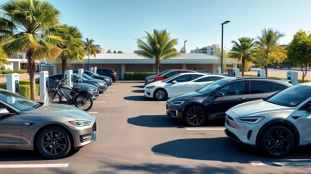 Photorealistic photograph of diverse electric vehicles parked in charging station lot, sunny day, modern sedans and SUVs connected to chargers, lush green landscaping, clear blue sky, contemporary sustainable infrastructure