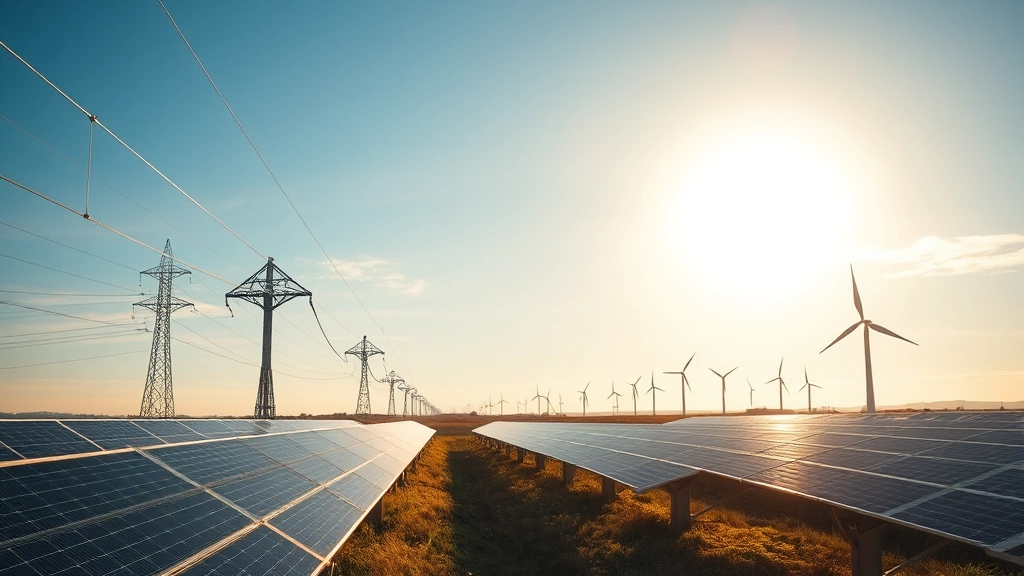 Photorealistic image of clean energy power lines and solar panels against bright sky, wind turbines visible in distance, representing renewable electricity grid powering electric vehicle charging networks, golden hour lighting, expansive landscape view