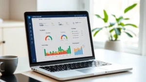 Laptop displaying utility account dashboard with colorful usage charts and energy consumption graphs, professional home office setting with natural lighting, minimalist workspace with plant in background, digital sustainability concept, modern technology for energy management