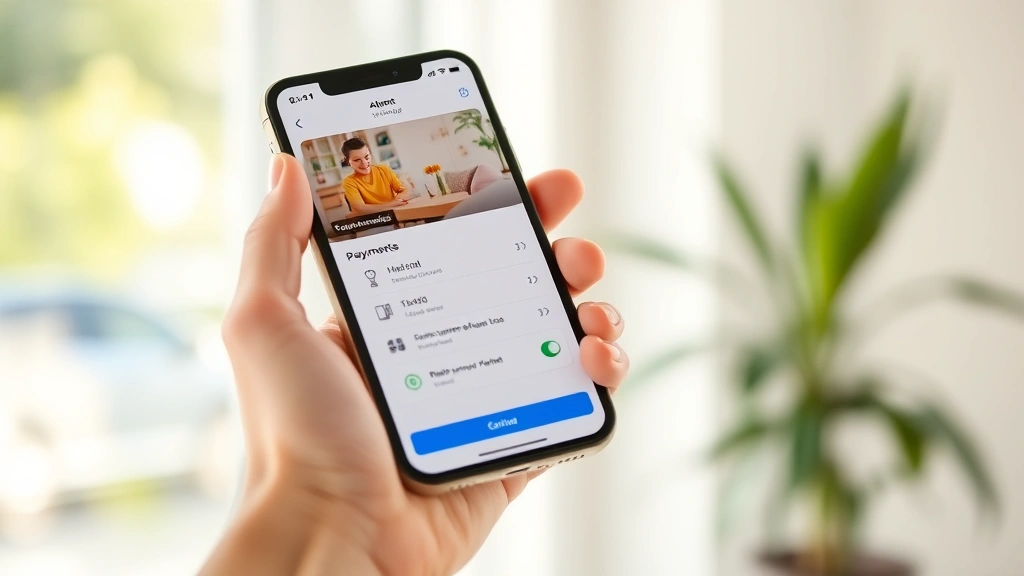 Smartphone screen showing mobile utility app with payment options and bill information, hand holding device in bright natural light, smart home automation interface visible, contemporary energy management technology, eco-conscious digital lifestyle