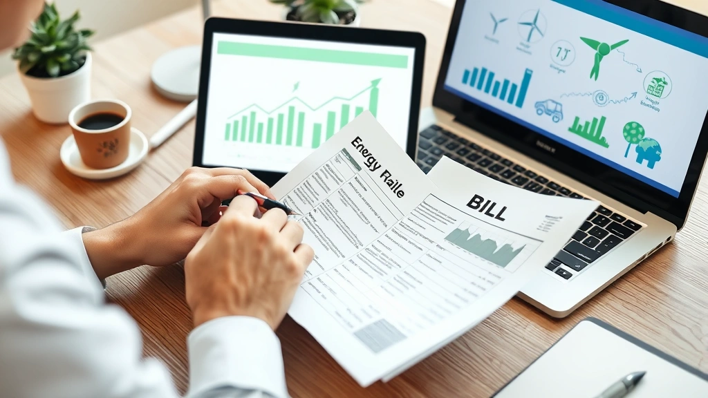Person reviewing printed energy bill and notes at desk with laptop open, renewable energy icons and sustainability symbols visible on screen, organized financial planning workspace, paperless transition concept, digital-first utility management setup