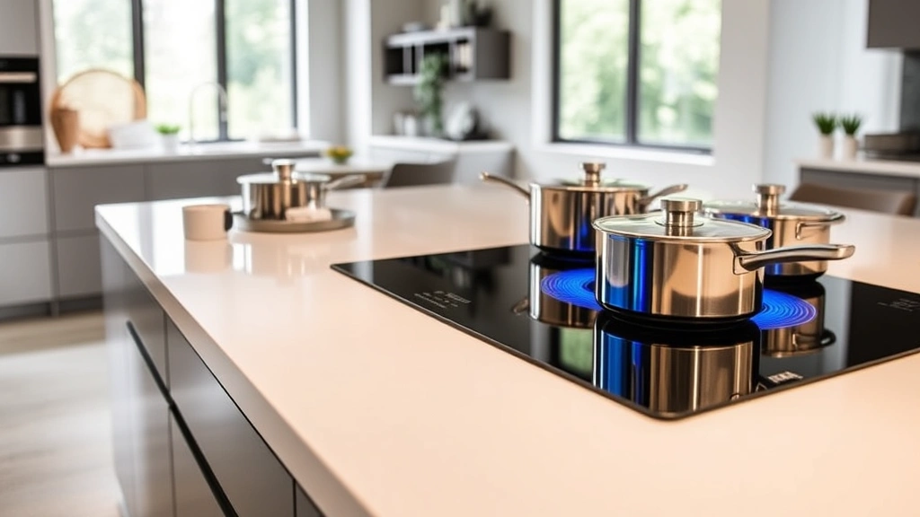 Modern kitchen with sleek induction cooktop showing blue electromagnetic field glow, stainless steel cookware, minimalist design, natural daylight through windows, eco-conscious home setting