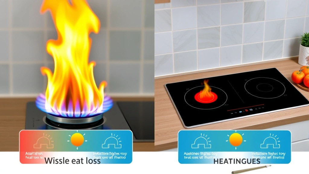 Side-by-side comparison visualization: left side shows gas flame with visible heat loss, right side shows induction cooktop with efficient heating, energy flow diagrams integrated naturally into kitchen scene