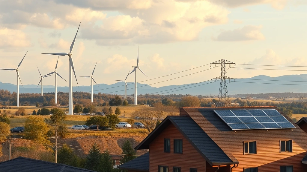 Renewable energy sources powering electric grid - wind turbines and solar panels landscape with electrical transmission lines connecting to residential home kitchen in foreground