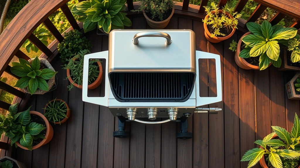 Overhead view of a stainless steel small gas grill on a wooden patio deck surrounded by potted plants and green vegetation, natural daylight, morning setting