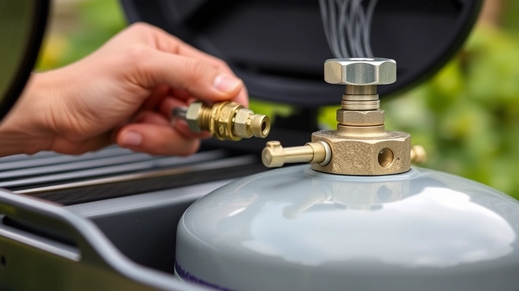 Close-up of propane tank connection to small gas grill with metal fittings and burner valve, clean professional setup in outdoor garden environment