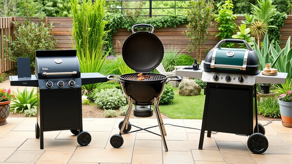 Side-by-side comparison scene showing small gas grill, charcoal grill, and electric grill on outdoor terrace with eco-friendly garden background and sustainable landscaping