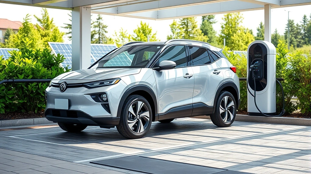 Sleek silver hybrid small SUV parked in modern eco-friendly charging station with green vegetation and solar panels visible in background, natural daylight