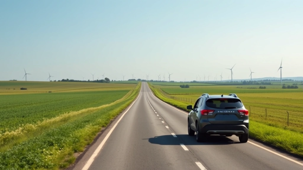 Open road stretching through green countryside with efficient small SUV driving smoothly, clear sky, sustainable landscape with wind turbines distant on horizon