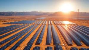 Aerial view of sprawling solar farm in California desert with rows of panels under bright sun, mountains in background, no text or signage visible