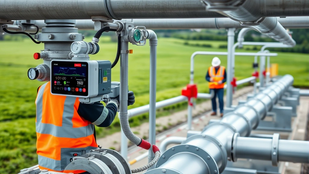 Modern natural gas pipeline infrastructure with advanced monitoring sensors and digital displays showing real-time emissions data, technician in safety gear performing inspection on industrial equipment, green landscape in background