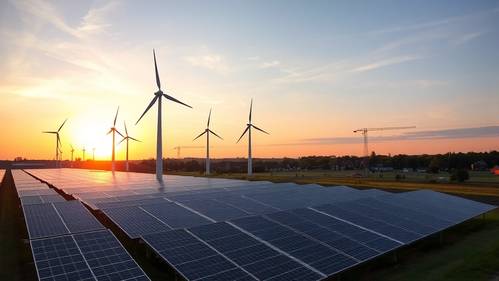 Solar panels and wind turbines in rural New Jersey landscape at sunset, sustainable energy generation facility with modern infrastructure, residential neighborhood visible in distance with sustainable buildings