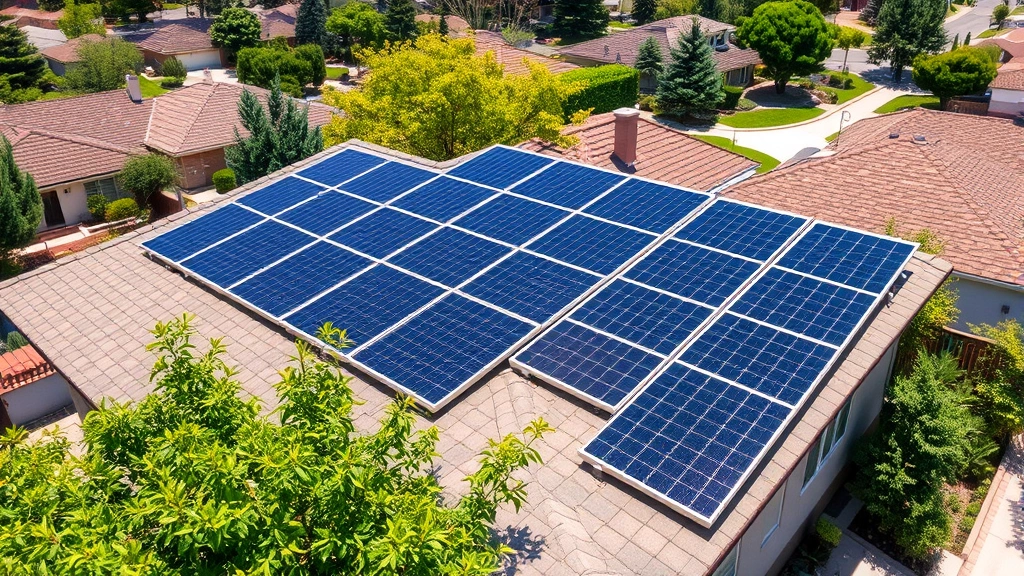 Solar panels installed on residential home rooftop with green vegetation and trees visible, sunny day, suburban neighborhood landscape, renewable energy installation
