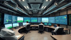 Wide-angle view of modern natural gas utility control center with technicians monitoring pipeline systems and renewable energy integration displays, professional environment with green-themed sustainability dashboard visualizations