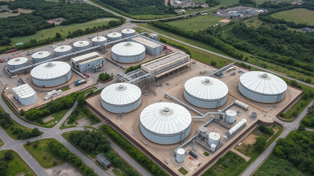 Aerial landscape photograph of renewable natural gas facility with biogas digesters processing organic waste, surrounded by green vegetation and modern infrastructure, showing sustainable energy production in action