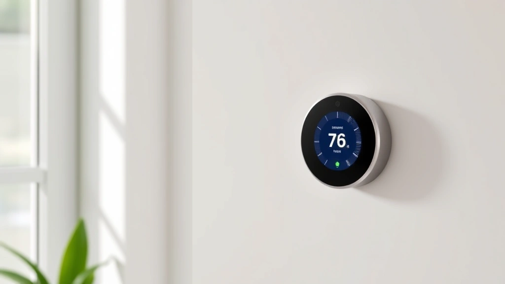 Modern smart thermostat on white wall with digital display showing temperature settings, minimalist home interior, natural daylight through window, sustainable living aesthetic
