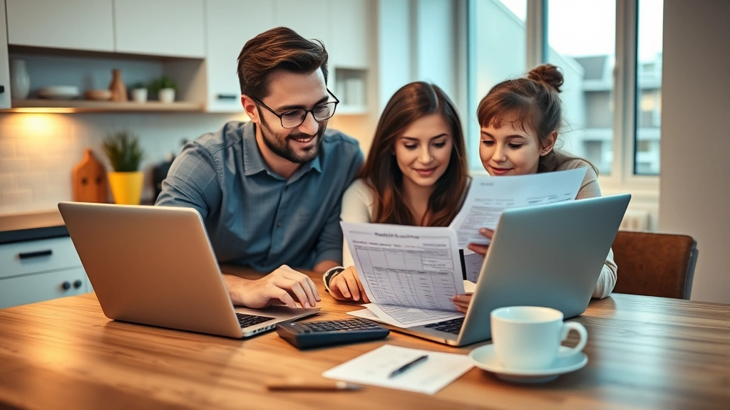 Family reviewing energy bill on laptop at kitchen table with calculator and coffee cup, paperless digital billing concept, warm lighting, contemporary home office setup