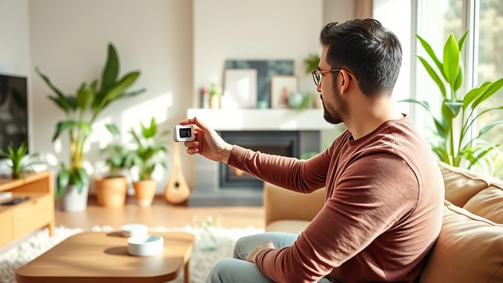 Eco-conscious homeowner adjusting programmable thermostat in living room, green plants visible, energy efficiency focus, modern sustainable home interior design