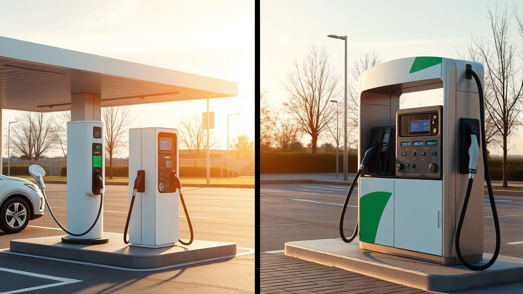 Split-screen comparison showing electric vehicle charging station on one side and traditional gasoline pump on other side, modern infrastructure, natural lighting
