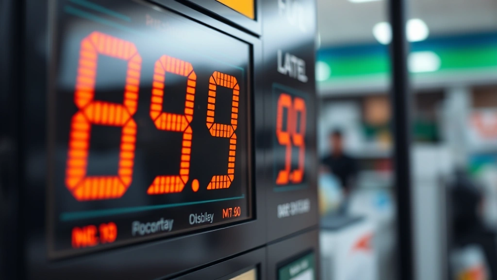 Close-up of digital fuel price display showing price per gallon with blurred convenience store background, realistic detail, daylight photography