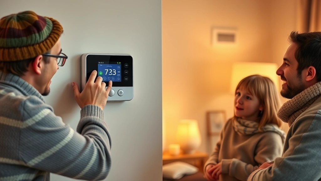Photorealistic image of a family adjusting a modern programmable thermostat on a living room wall during winter, warm lighting, cozy home interior, visible heating vents in background