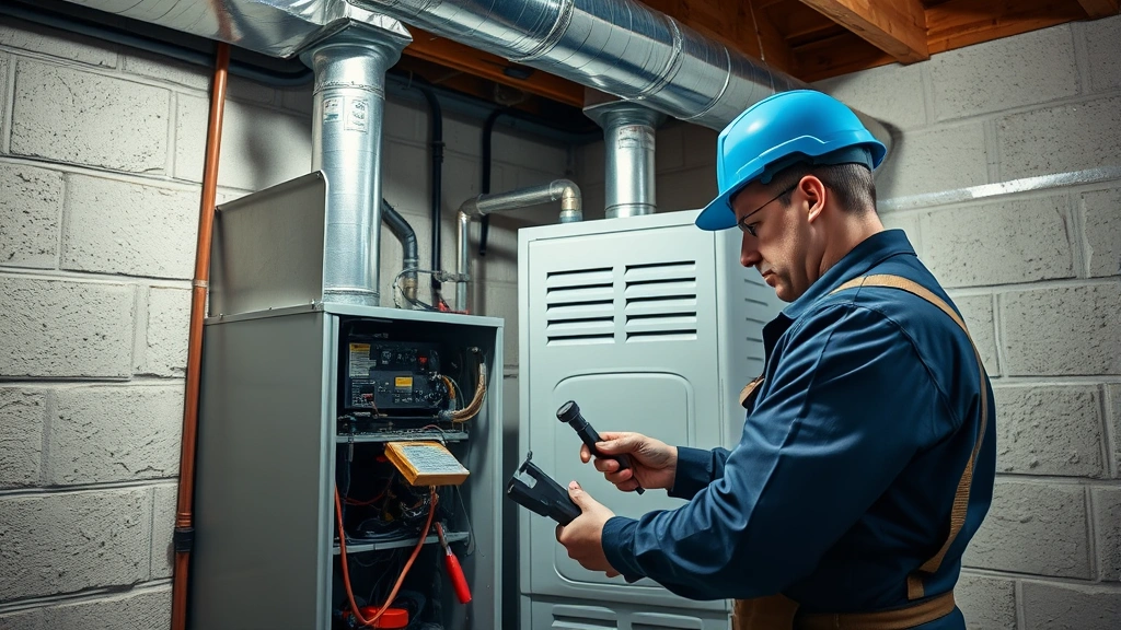 Photorealistic photograph of professional HVAC technician inspecting a furnace system in a basement, checking components with tools, proper maintenance scene, industrial lighting
