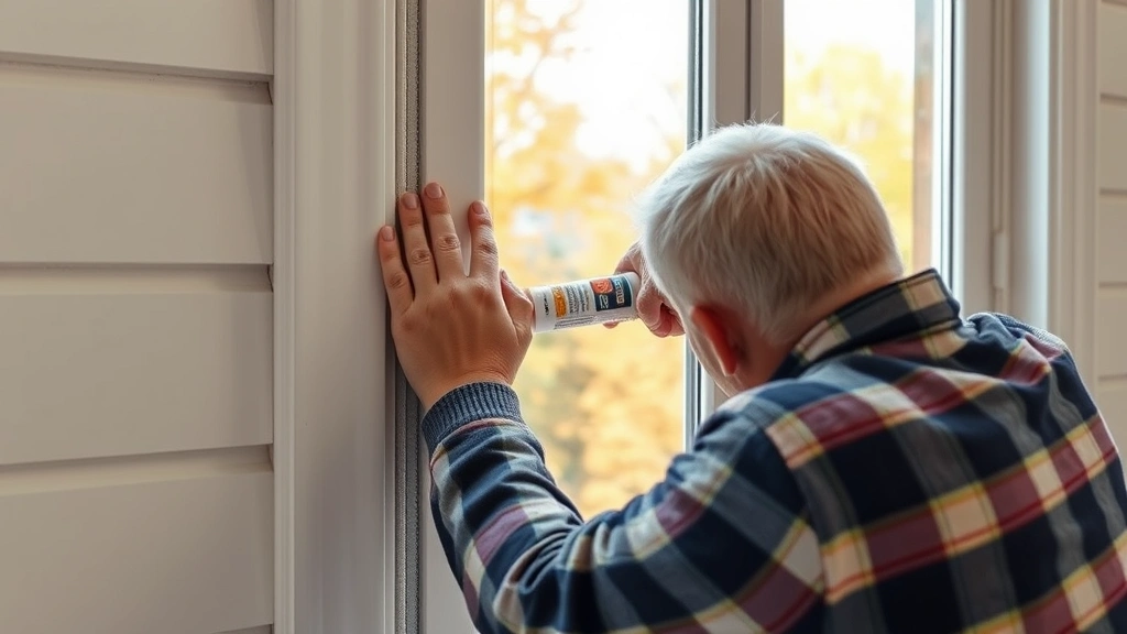 Photorealistic image of homeowner applying weatherstripping around a window frame, sealing air leaks, autumn season visible outside, detailed close-up of caulking and insulation materials