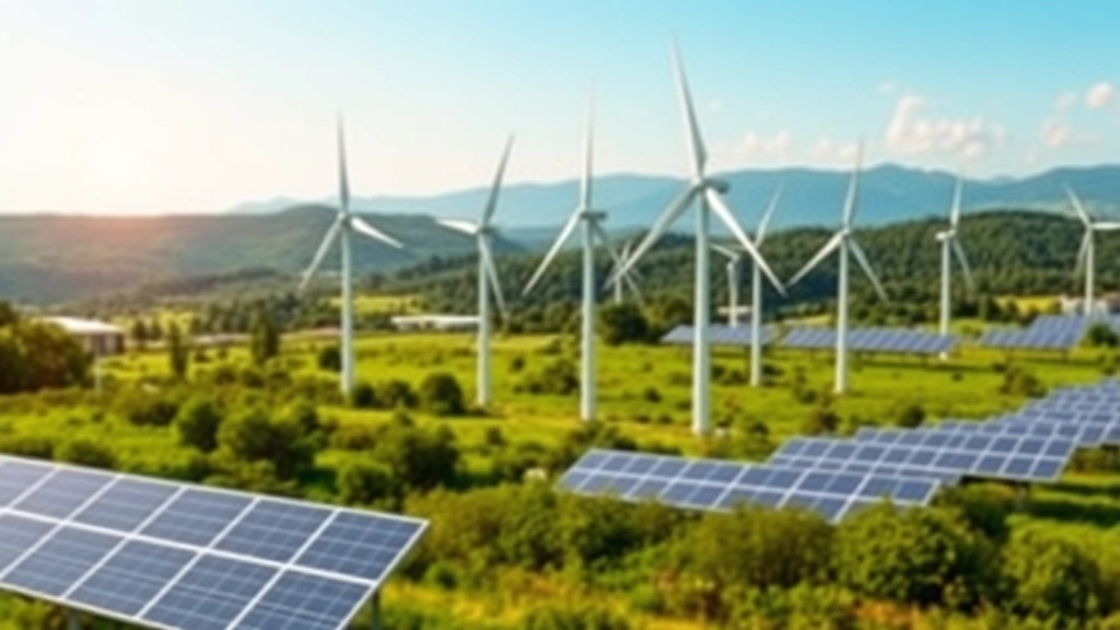 Renewable energy wind turbines in a green landscape with solar panels, representing clean electricity generation for electric cooking alternatives, bright daylight, photorealistic environmental scene