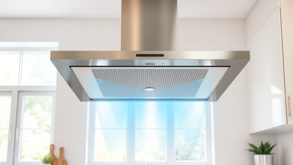 Indoor kitchen ventilation range hood above a gas stove, showing air circulation flow, modern stainless steel design, contemporary kitchen setting with natural light streaming through windows
