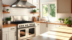 Modern kitchen featuring a professional-grade stainless steel gas range with six burners and convection oven, gleaming under natural light streaming through windows, surrounded by sustainable kitchen design elements like wooden countertops and potted herbs