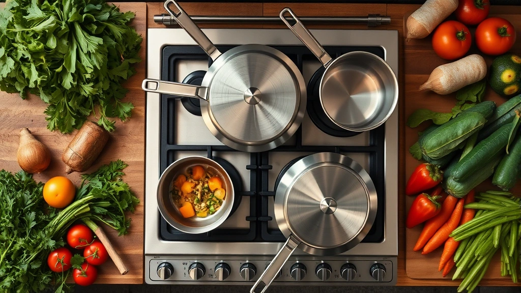 Overhead view of sustainable cooking scene with stainless steel pots and pans on active gas burners, fresh vegetables and organic ingredients arranged nearby, demonstrating efficient cooking practices and eco-conscious meal preparation