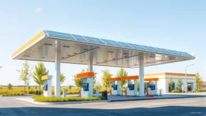 Modern gas station with solar panel canopy over pump islands, bright daylight, clean sustainable fuel retail facility with green landscaping and modern architecture