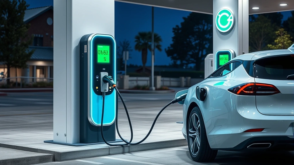 Electric vehicle charging station installed at contemporary fuel station, sleek charger design, parked EV connected to charging equipment, eco-conscious infrastructure