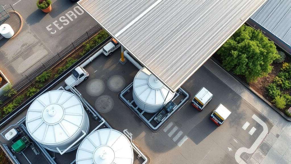 Aerial view of gas station with vapor recovery system equipment, storage tanks, environmental protection features, sustainable fuel retail operations visible from above