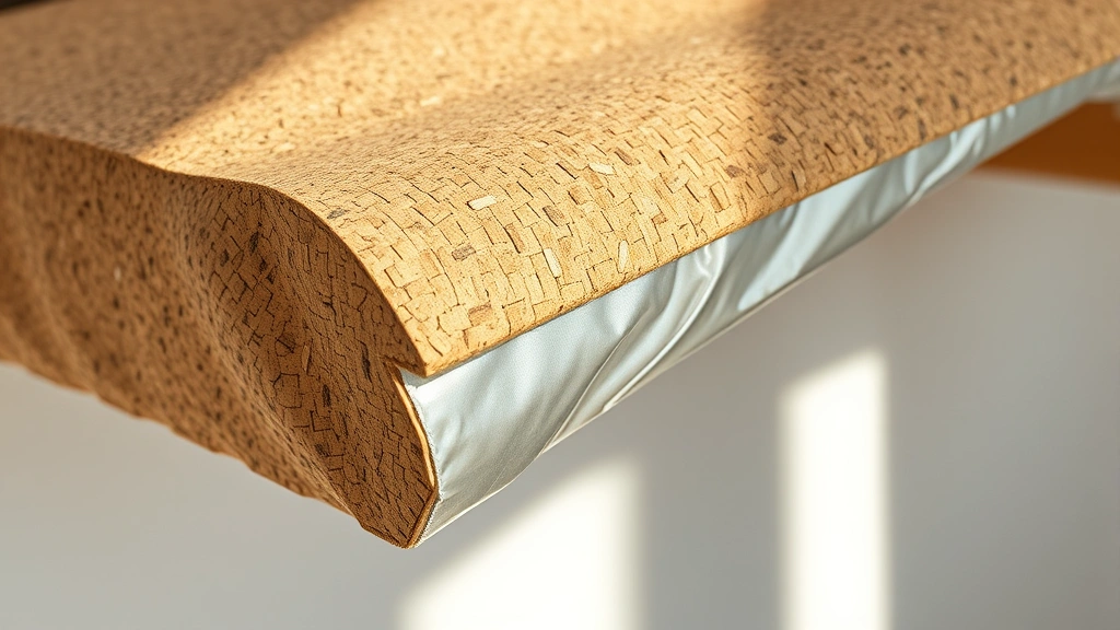 Close-up of a cork and recycled aluminum stove cover folded partially, displaying natural material textures and sustainable construction details in soft natural light against a neutral background