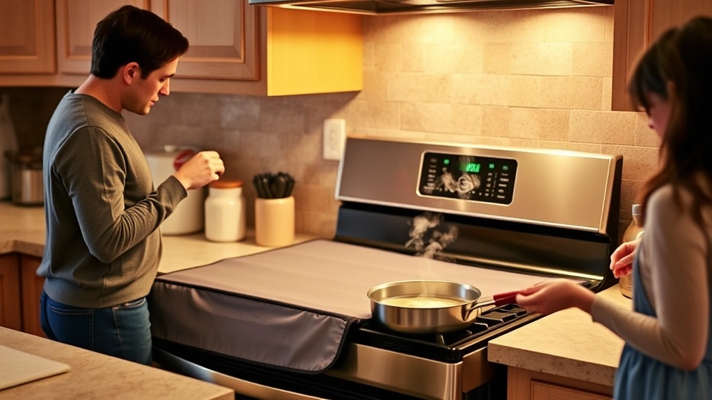 Family kitchen scene with a protective stove cover installed on gas range, showing the cover in use while cooking with steam rising, warm lighting, no visible text or branding on appliances