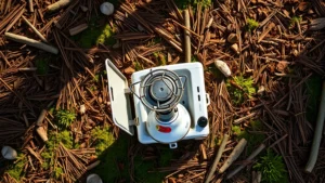 Overhead view of vintage white gas camping stove with metal fuel bottle on natural forest ground surrounded by pine needles and moss, morning sunlight filtering through trees