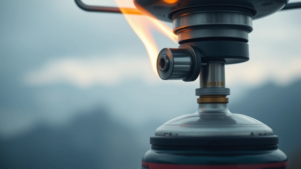 Close-up of propane cartridge attached to modern portable camping burner with flames igniting, misty mountains visible in soft-focus background