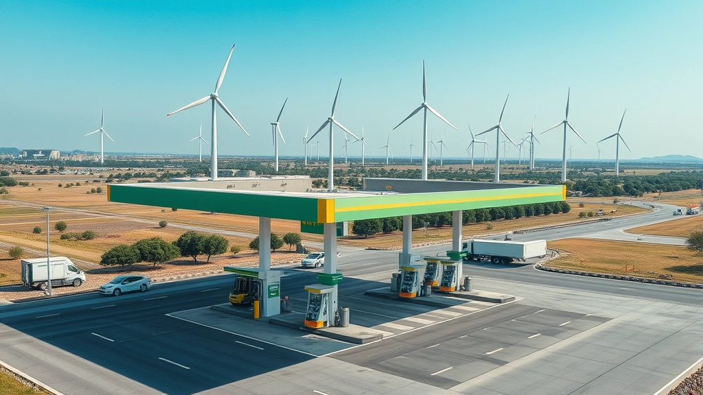 Aerial view of fuel station with renewable energy infrastructure, wind turbines visible in background, sustainable transportation hub concept, clear daytime lighting, no text or labels