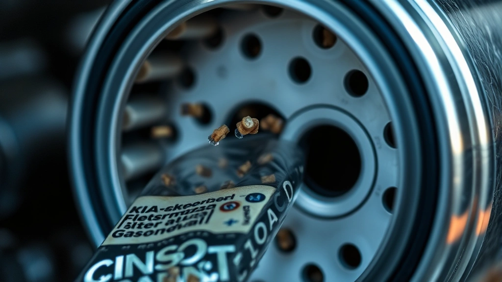 Close-up of fuel filter cross-section showing trapped particulates and contaminants, clean gasoline flowing through filter media, industrial precision automotive component with metallic housing, natural lighting highlighting filter texture and efficiency